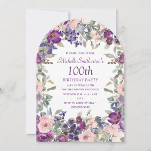 Purple Blush Pink Floral Arch 100th Birthday Invitation