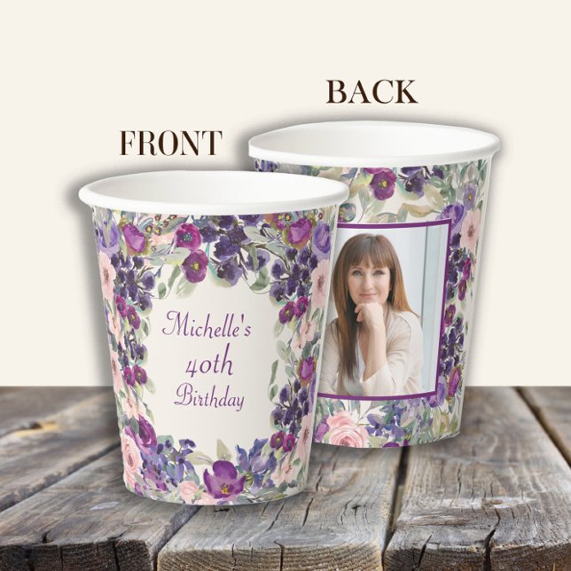 Purple Blush Pink Floral Birthday Photo  Paper Cups (Purple and pink watercolor floral birthday party photo cups)