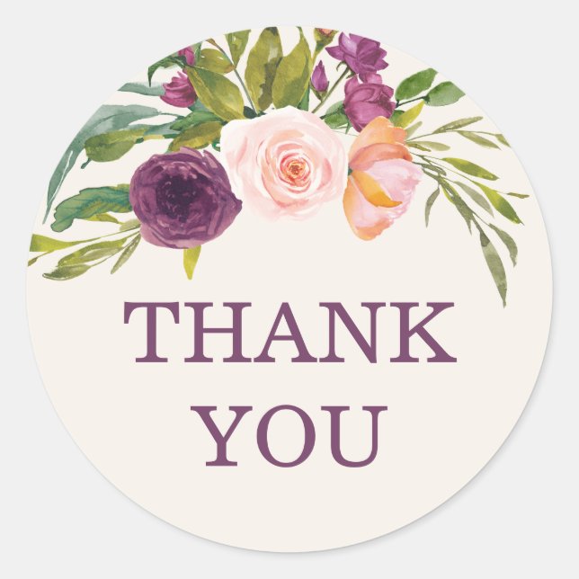 Purple Blush Pink Floral Birthday Thank You Classic Round Sticker (Front)
