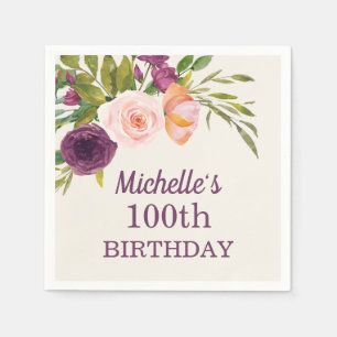 Purple Blush Pink Floral Cream 100th Birthday Napkin