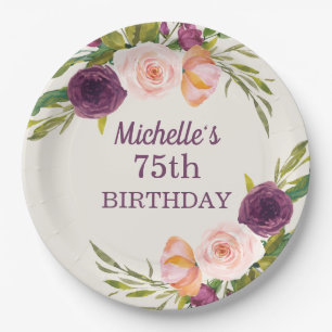 Purple Blush Pink Floral Cream 75th Birthday Paper Plate
