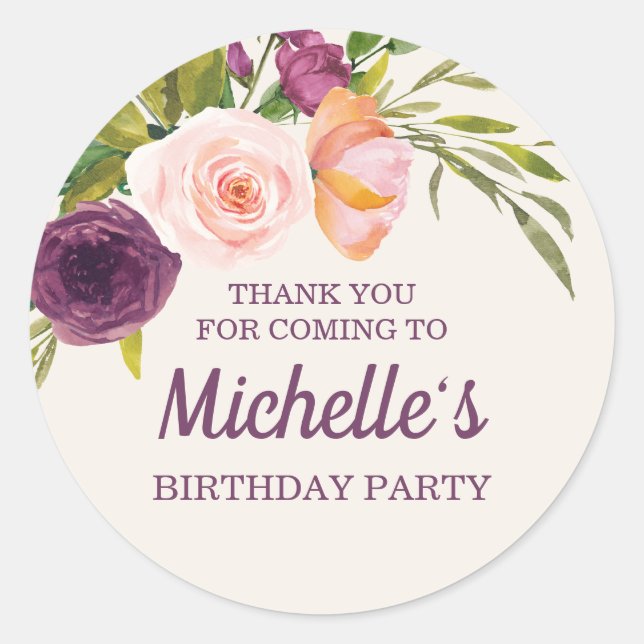 Purple Blush Pink Floral Cream Birthday Thank You Classic Round Sticker (Front)