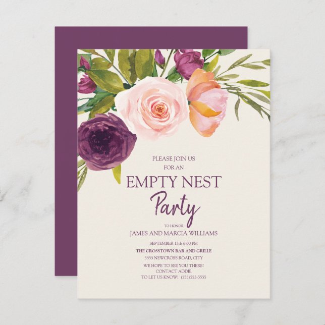 Purple Blush Pink Floral Empty Nest Party Card (Front/Back)