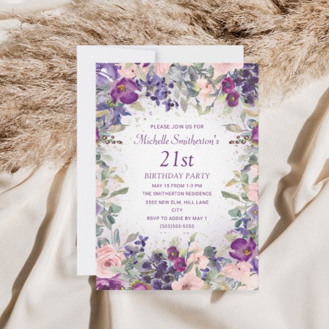 Purple Blush Pink Floral Foliage 21st Birthday Invitation (Creator Uploaded)