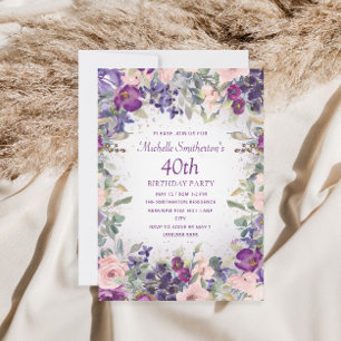 Purple Blush Pink Floral Foliage 40th Birthday Invitation