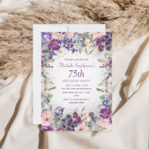 Purple Blush Pink Floral Foliage 75th Birthday Invitation