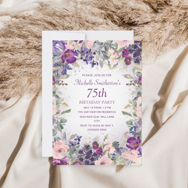 Purple Blush Pink Floral Foliage 75th Birthday Invitation (Creator Uploaded)