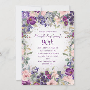 Purple Blush Pink Floral Foliage 90th Birthday Inv Invitation