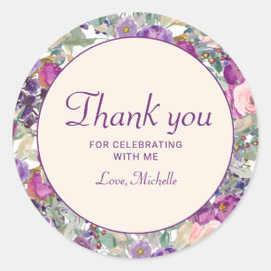 Purple Blush Pink Floral Foliage Birthday  Classic Round Sticker