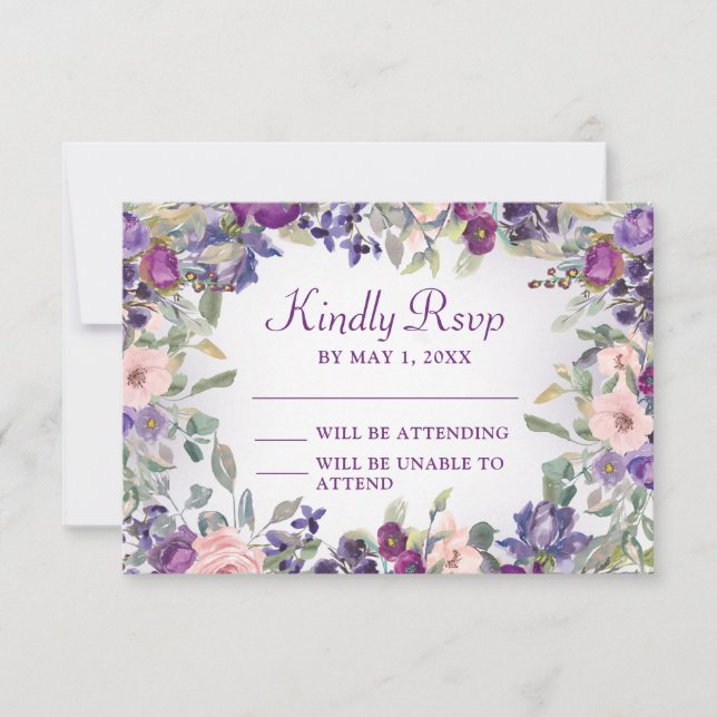 Purple Blush Pink Floral Foliage RSVP Card (Front)
