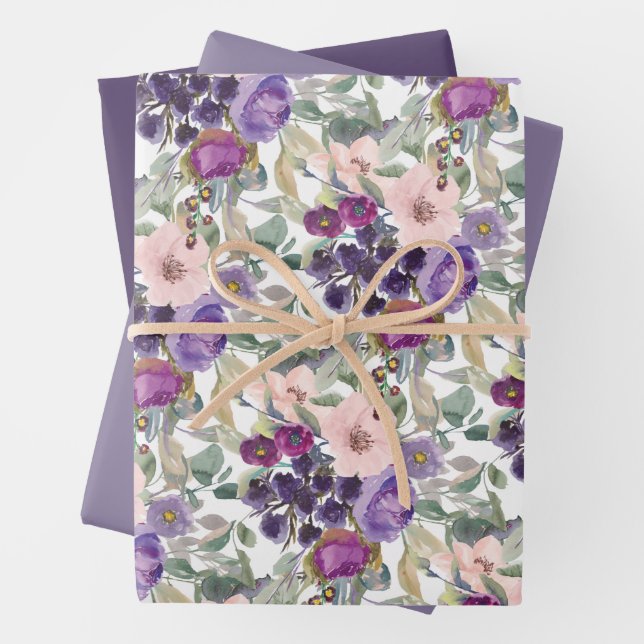 Purple Blush Pink Floral Foliage  Wrapping Paper Sheet (In situ)