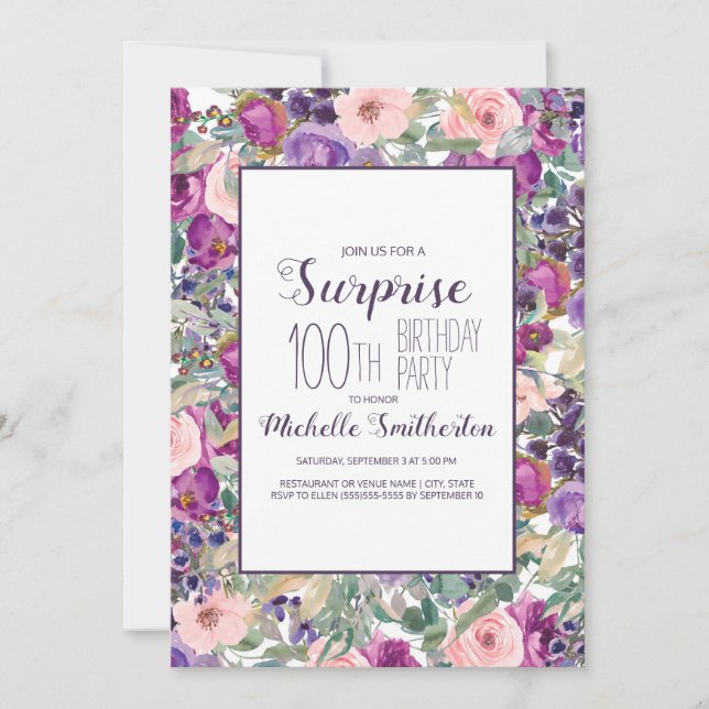 Purple Blush Pink Floral Leaves 100th Birthday Invitation (Front)