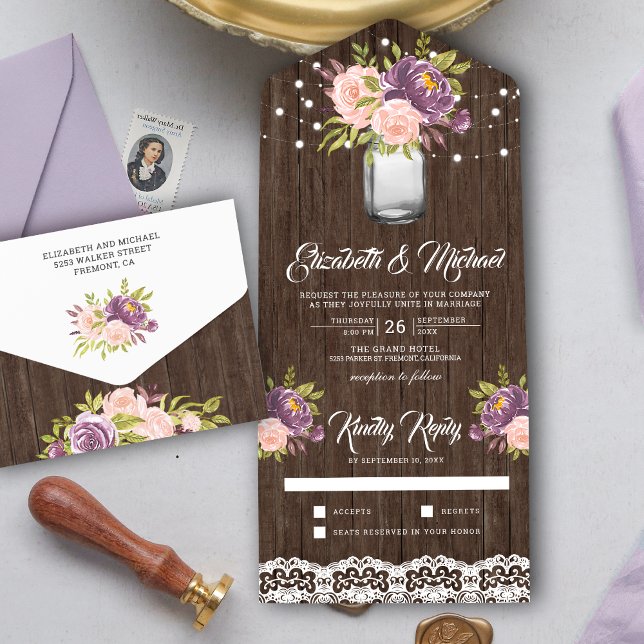 Purple Blush Pink Floral Mason Jar Wood Wedding All In One Invitation (Creator Uploaded)