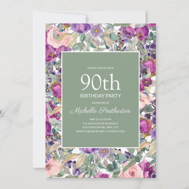 Purple Blush Pink Floral Sage Green 90th Birthday Invitation (Front)