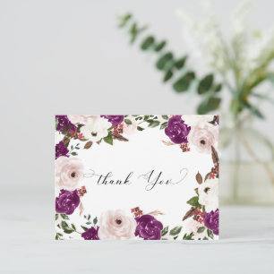 Purple Blush Pink Floral Wedding Thank You Postcard