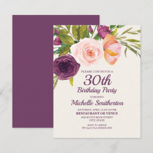 Purple Blush Pink Floral Women's 30th Birthday Card