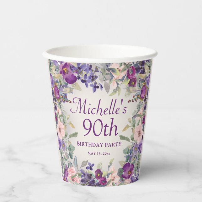 Purple Blush Pink Flowers 90th Birthday Paper Cups (Front)