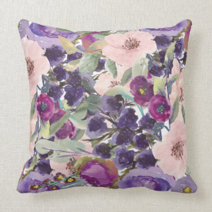 Purple Blush Pink Flowers Boho Botanical Cushion