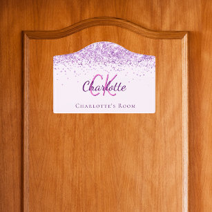 Purple blush pink glitter dust monogram name  door sign