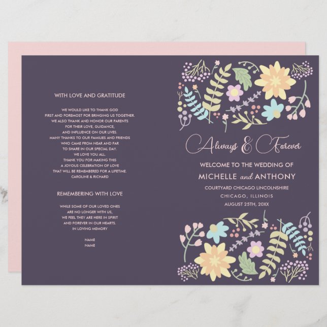 Purple Blush Pink Modern Floral Wedding Program (Front/Back)