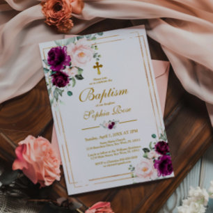 Purple & Blush Pink Rose Floral Girl Baptism Invitation