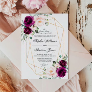 Purple & Blush Pink Rose Floral Wedding Invitation