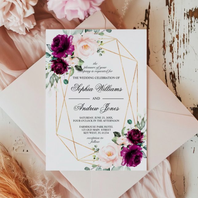 Purple & Blush Pink Rose Floral Wedding Invitation (Creator Uploaded)