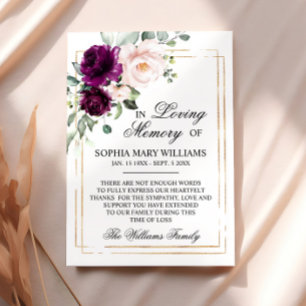 Purple & Blush Pink Rose Sympathy Memory Thank You Card