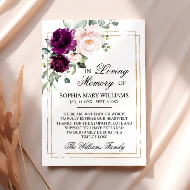 Purple & Blush Pink Rose Sympathy Memory Thank You Card (Creator Uploaded)