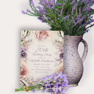 Purple Blush Pink Script Butterflies 70th Birthday Invitation