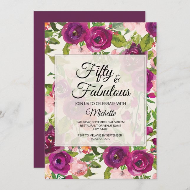 Purple Blush Pink Watercolor Floral 50th Birthday Invitation (Front/Back)