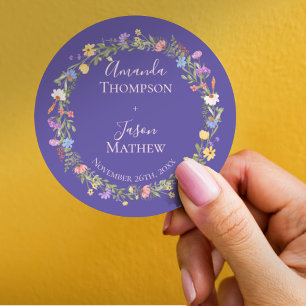 Purple Blush Pink wildflower Floral Wreath Wedding Classic Round Sticker