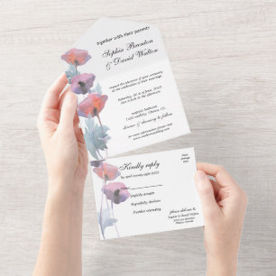 Purple blush poppy floral all in one invitation