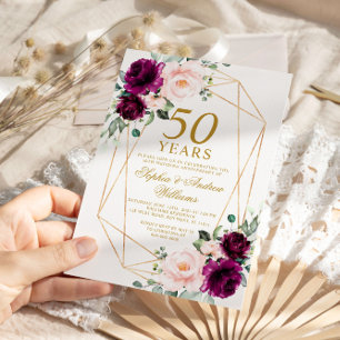 Purple & Blush Rose 50th Wedding Anniversary Invitation