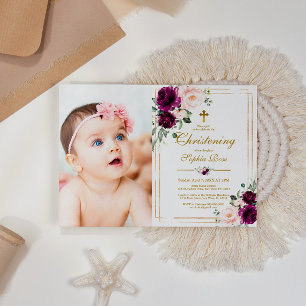Purple & Blush Rose Floral Photo Girl Christening Invitation