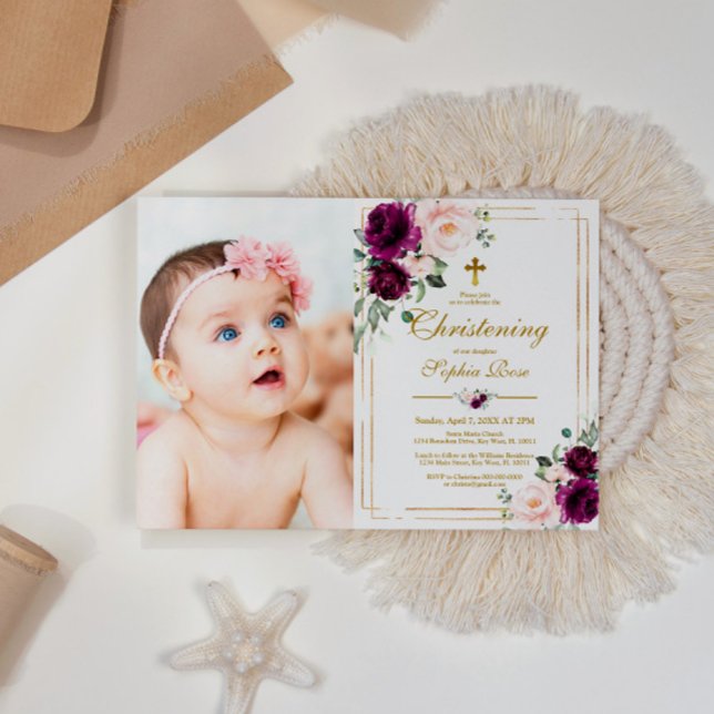 Purple & Blush Rose Floral Photo Girl Christening Invitation (Creator Uploaded)