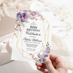 Purple & Blush Rose Flowers 80 Birthday Invitation