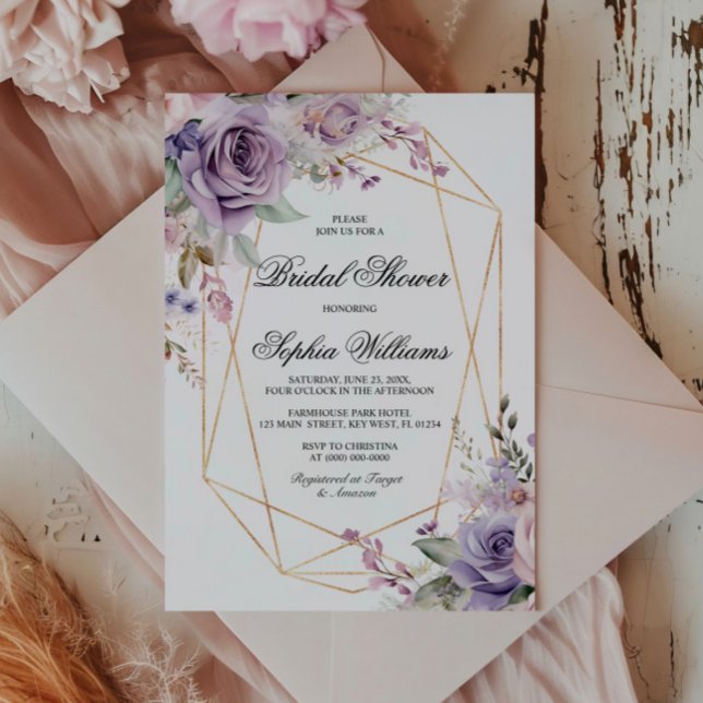 Purple & Blush Rose Flowers Bridal Shower Invitation (Creator Uploaded)