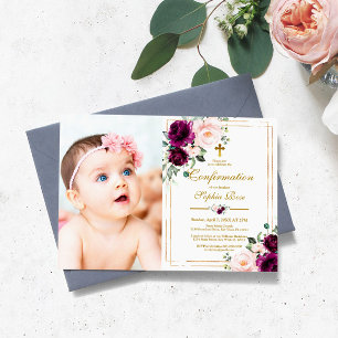 Purple & Blush Rose Flowers Photo Confirmation Invitation