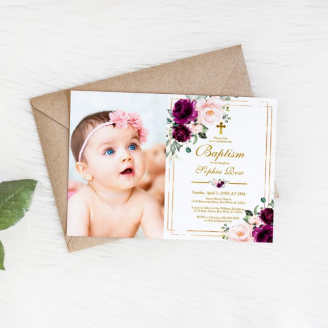 Purple & Blush Rose Flowers Photo Girl Baptism Invitation (Creator Uploaded)