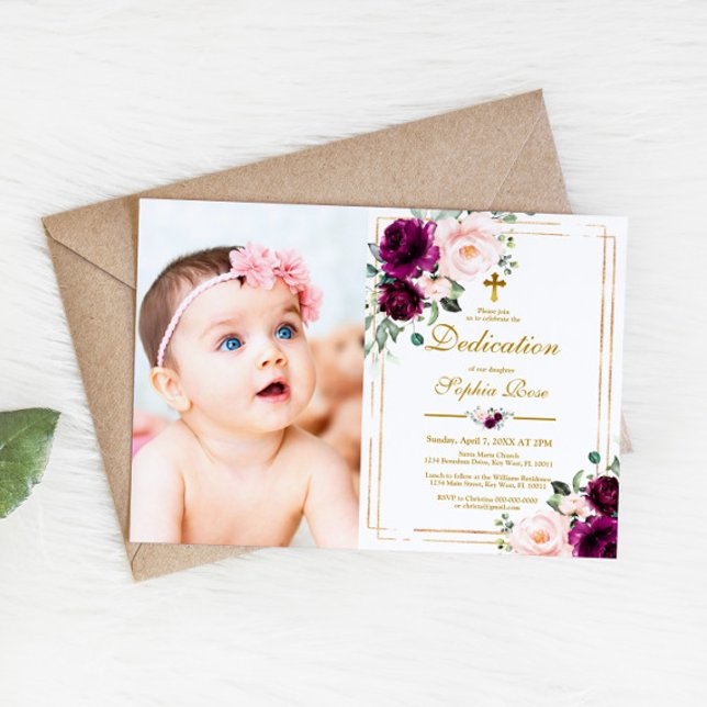 Purple & Blush Rose Flowers Photo Girl Dedication Invitation (Creator Uploaded)