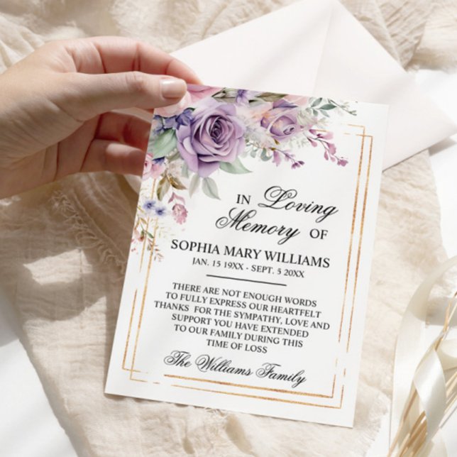 Purple & Blush Rose Flowers Sympathy Memory Thank You Card (Creator Uploaded)