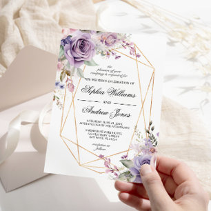 Purple & Blush Rose Flowers Wedding Invitation