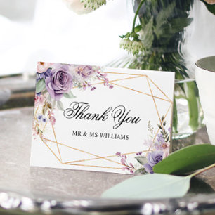 Purple & Blush Rose Flowers Wedding Thank You Card