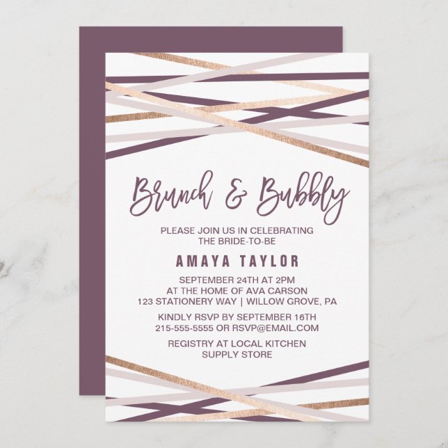 Purple Blush & Rose Gold Streamers Brunch & Bubbly Invitation (Front/Back)