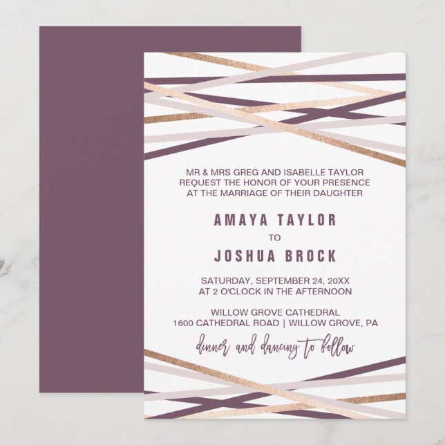 Purple Blush & Rose Gold Streamers Formal Wedding Invitation (Front/Back)
