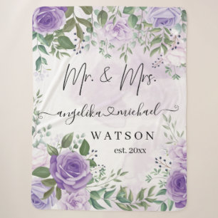 Purple Blush Roses Mr. and Mrs. Modern Script Sherpa Blanket