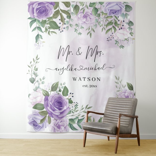 Purple Blush Roses Mr. and Mrs. Modern Script Tapestry (In Situ)