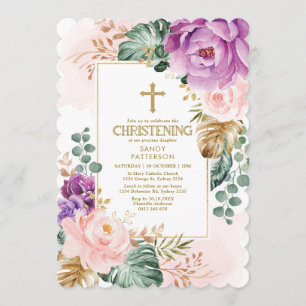Purple Blush Tropical Botanical Floral Christening Invitation