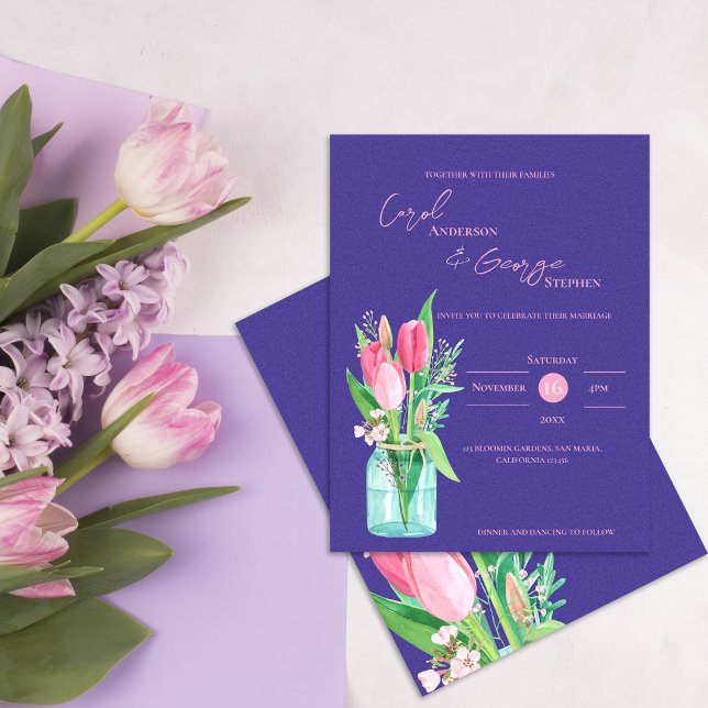 Purple & Blush Tulip Mason Jar Wedding Invitation Postcard (Purple & Blush Tulip Mason Jar Wedding Invitation Postcard)
